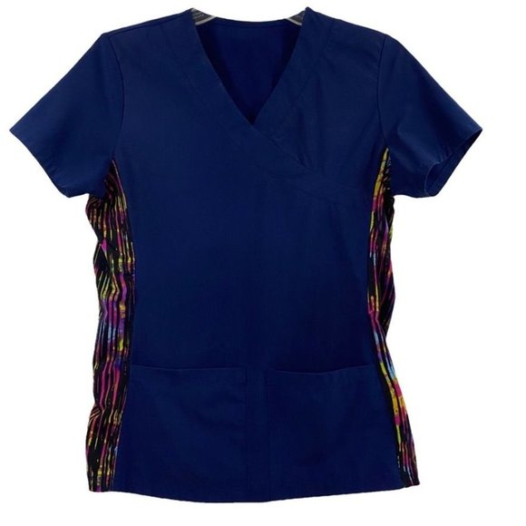 SCRUB Top  Side Stretch Panels Short Sleeves V-Neck Pockets Navy Pre Owned Sz S - Picture 1 of 7